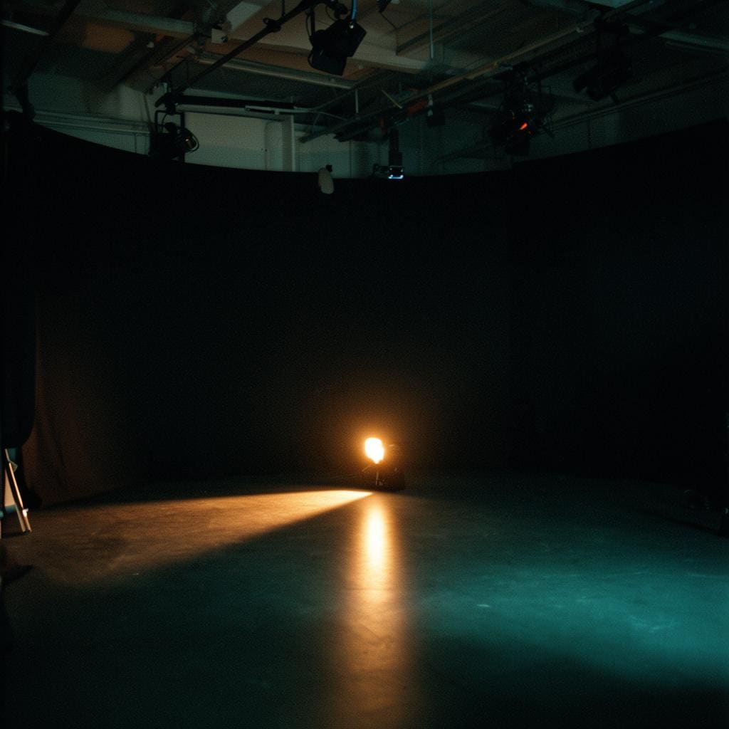A darkened immersive set with a single warm light source.