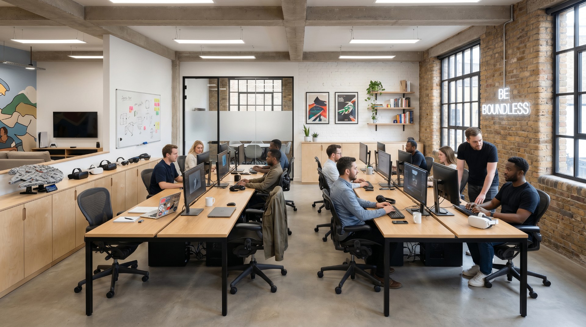 The Boundless studio, a converted warehouse workspace with designers at work and 'Be Boundless' neon on the brick wall.