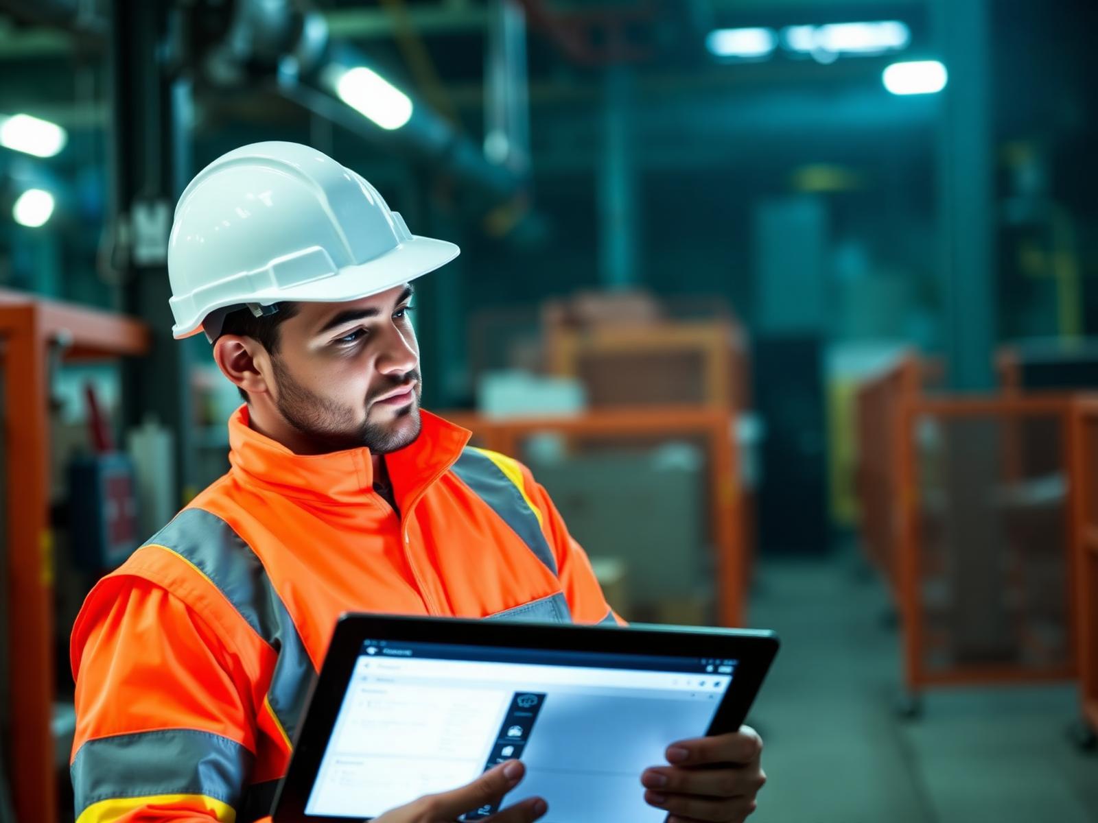 New factory worker reviewing an interactive induction on a tablet