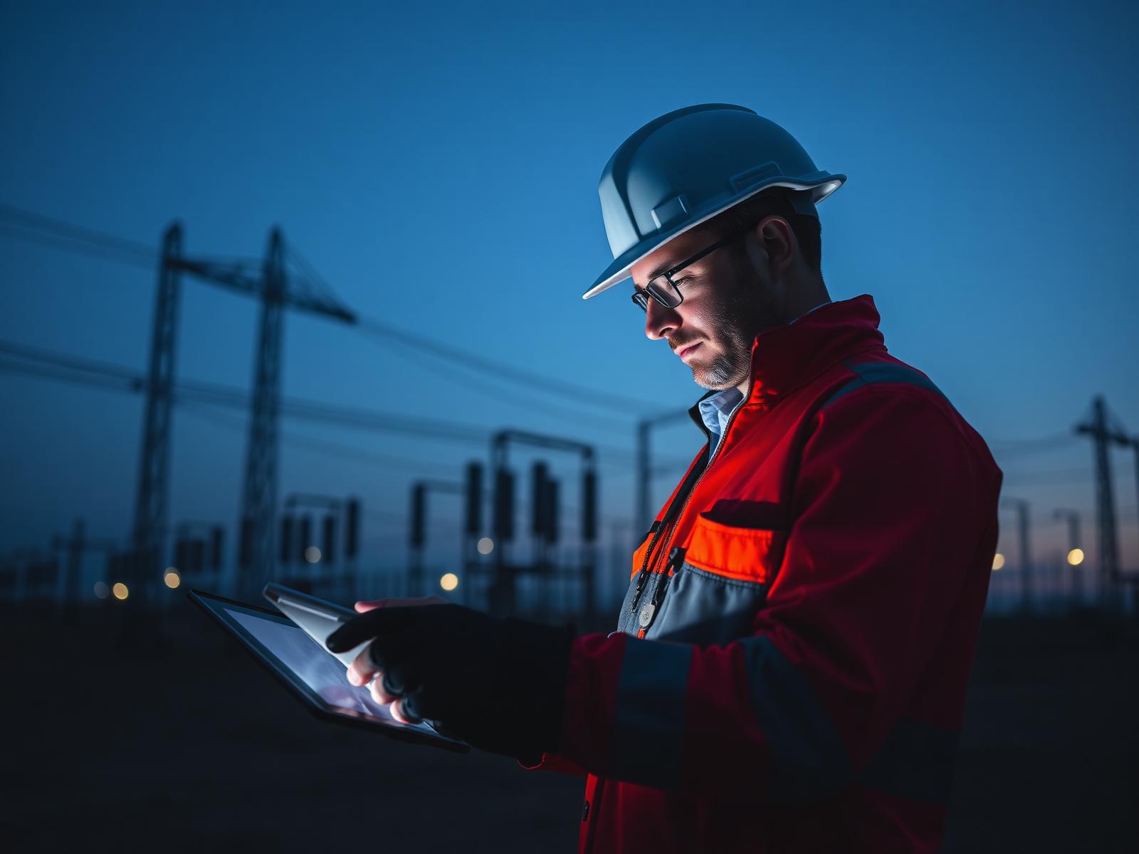 Energy field worker reviewing onboarding on a tablet at a substation