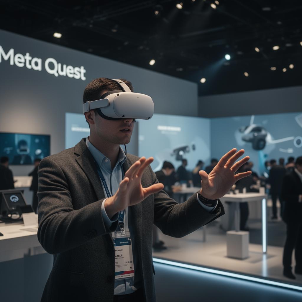 Buyer in a VR headset walking through an immersive product demonstration at an event.